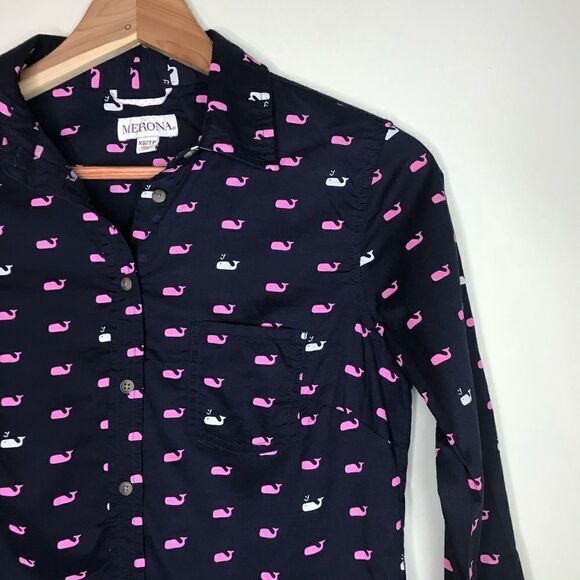 Merona Sz XS Print Whale Pink Shirt - Picture 3 of 5